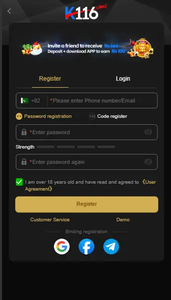 Register on K116 Game