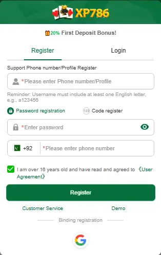 Register on 786 XP Game